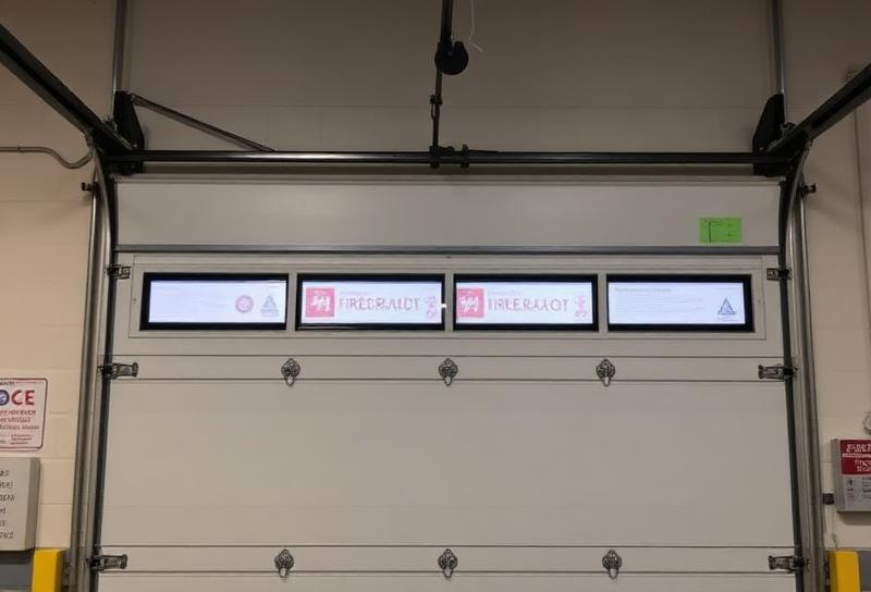 Fire-rated garage door with visible certification label installed in residential garage