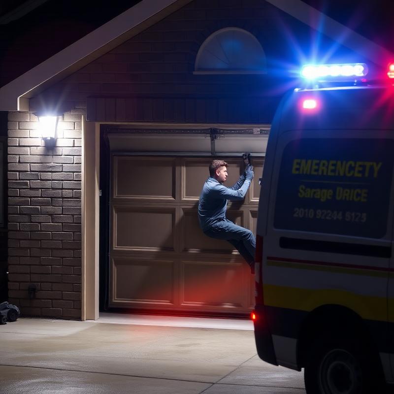 Emergency garage door repair service at night with technician van