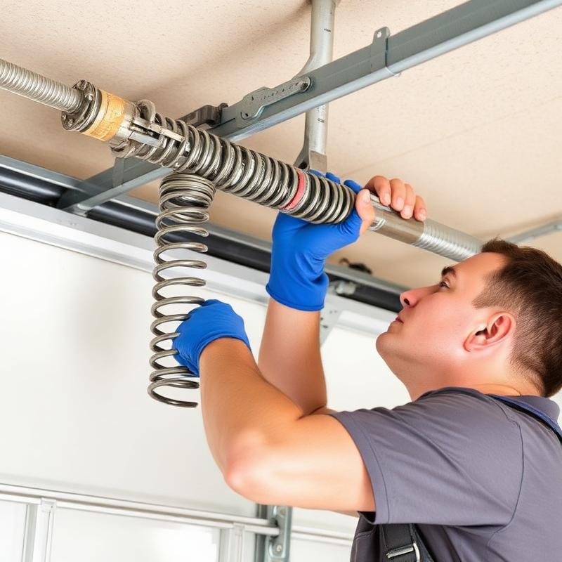 Technician repairing garage door torsion springs in residential garage